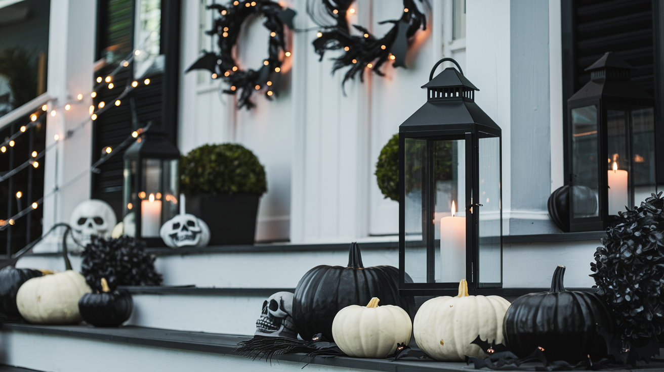 chic black and white Halloween decor