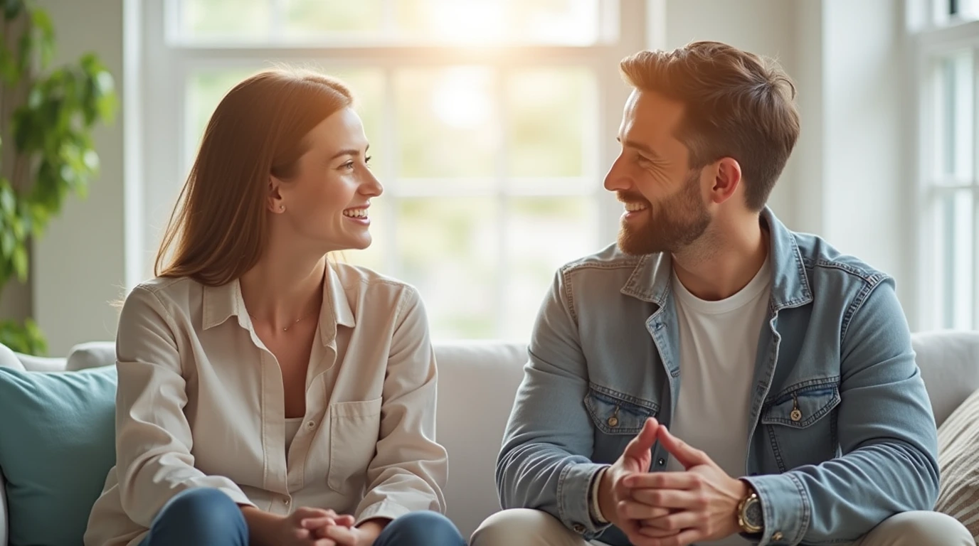 Two people sitting together and communicating openly, symbolizing healthy relationships